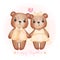 Watercolour cute two couple brown teddy bears in wedding groom and bride holding hand,  Valentine cartoon character hand drawing