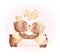 Watercolour cute two couple brown teddy bears in wedding groom and bride are kissing, Valentine cartoon character hand drawing