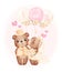 Watercolour cute two couple Wedding brown teddy bears, bride kisses groom, Marry teddy bears cartoon character hand drawing