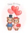 Watercolour cute two couple Wedding brown teddy bears in groom and bride, happy anniversary, cartoon character hand drawing