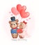 Watercolour cute two couple Wedding brown teddy bears in groom and bride kissing, happy Anniversary, cartoon character hand