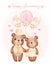 Watercolour cute two couple Wedding brown teddy bears in groom and bride, Mr. and Mrs., cartoon character hand drawing