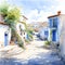 Watercolour depiction of a Greek street in summer. Traditional blue and white architecture of Greece. Digital illustration