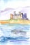 Watercolour drawing of a travel sketch castle on the ocean coast in Wales Snowdonia England