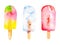 Watercolour hand painted set of summer elements. Ice cream three flavour. Frozen juice popsicles. Mixed flavour.
