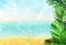 Watercolour horizontal beach background with palm leaves on right