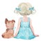 Watercolour illustration of the cute blond girl sitting with little puppy. Dog and child. Back view