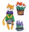 Watercolour illustration of a cute gardener cat and flowers