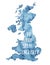 Watercolour illustration of navy blue emblem of United Kingdom with phrase `Do you speak English?`.