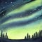 Watercolour illustration of peaceful serene spruce forest under colorful northern lights and night starry sky.