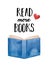 Watercolour illustration of `Read More Books` phrase lettering, decorated with authentic light blue opened book