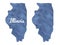 Watercolour illustration set of Illinois State Map Silhouette in blue color with artistic brush strokes.