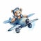 watercolour illustration of teddy bear in a blue aeroplane clipart