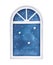 Watercolour illustration of window with night starry sky scene.