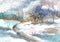 Watercolour landscape of a wild river in the winter