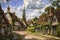 Watercolour oil painting of an old fashioned quintessential English country village in a rural landscape setting