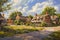 Watercolour oil painting of an old fashioned quintessential English country village in a rural landscape setting