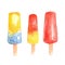 Watercolour painted popsicles, ice-cream. Bright design decoration element. Use as a sticker, illustration, decorative idea.