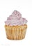 Watercolour painting of a cup cake with pink icing.