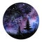 Watercolour painting Northern lights space landscape. Violet, black and blue colors. Modern new round illustration with
