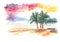 Watercolour painting of sunset at tropical beach