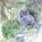 Watercolour portrait of Owl with large amber eyes. Wild bird of prey sitting on branch. Bird hides among the mossy branches of