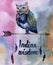 Watercolour poster with owl on arrow with feather