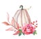 Watercolour pumpkin, pink rose,leaves,red berry on white background.