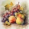 Watercolour with red grapes and pears, created using generative ai technology