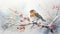 Watercolour of a robin redbreast (Erithacus rubecula) bird in the winter snow