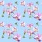 Watercolour seamless pattern with flowers and leaf of orchid on blue background. Hand draw illustration