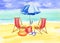 Watercolour seascape, beach with chaise longue, sun umbrella, inflatable circle, beach bag and seagull