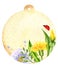 Watercolour summer background with dandelion, butterfly, blowball, seed, hand drawn sketch, spase for text, round