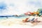 Watercolour summer beach with umbrellas and lounge chairs. Generative AI