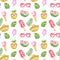 Watercolour summer pattern with fresh fruits, ice cream, sunglasses, posicles and tropical leaves on white background