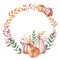 Watercolour wreath with pumpkin, leaves,red berry on white background. Frame