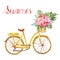 Watercolour yellow hand painted bicycle with basket and tropical floral bouquet, isolated on white background.