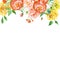Watercoloured spring floral frame with blush pink and yellow flowers. Hand painted delicate border with roses and peonies