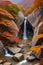 a waterfall around it and a landscape of autumn leaves gen ai