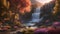 waterfall in autumn Fantasy waterfall of light, with a landscape of glowing trees and flowers, with an Colorful land