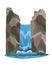 Waterfall. Cartoon landscape with rock mountain. River fall from cliff on white background. Picturesque tourist