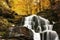 Waterfall Cascade  in a beautiful deciduous autumn forest. Bright autumn leaves on stones covered with moss by the river.