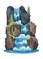 Waterfall cascade. Cartoon landscape with rock mountain and trees. River fall from cliff on white background