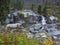 Waterfall cascade on wild river stream studeny potok with boulders, autumn colored tree at mountain valley Velka Studena Dolina in