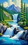 Waterfall cascading into a crystal-clear mountain lake., Painting
