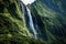 A waterfall cascading down a green mountain side with lush vegetation, AI