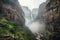 waterfall cascading over canyon walls, with mist in the air