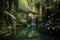 waterfall cascading into a serene rainforest pool
