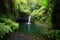 waterfall cascading into tranquil lagoon, surrounded by lush greenery