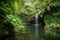 waterfall cascading into tranquil lagoon, surrounded by lush greenery